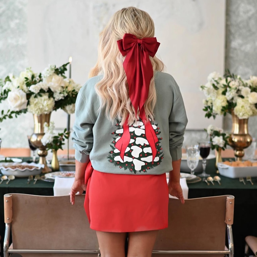 Living Fully Co Women's Christmas Tree Big Red Bow Sweatshirt Dusty Sage